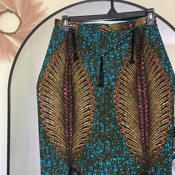 Blue and Brown A-Line Midi Skirt for Cocktail - Picture 2 of 4